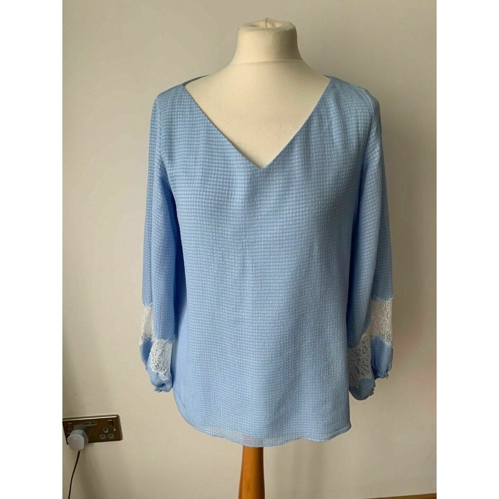 Massimo Dutti Gingham Lace Panel Bishop Sleeve Blouse Light Blue Size 10 / 38 - Picture 1 of 7